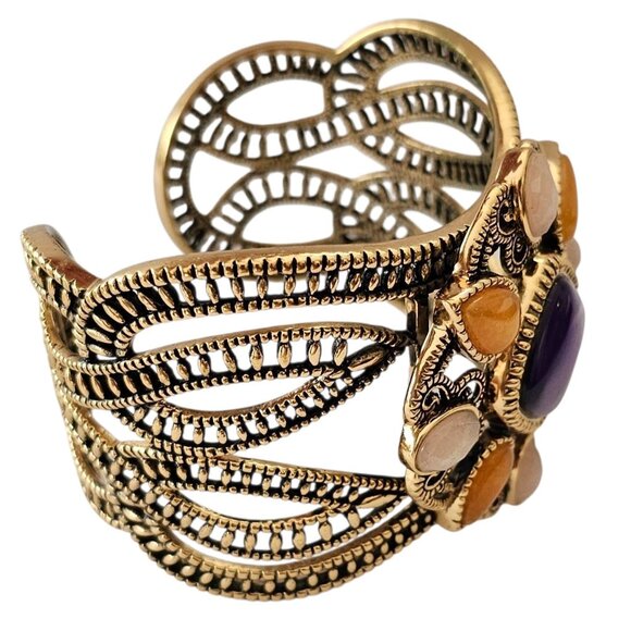 Barse Gold Tone Cuff Bracelet Purple Lucite Center, Signed - Picture 6 of 11
